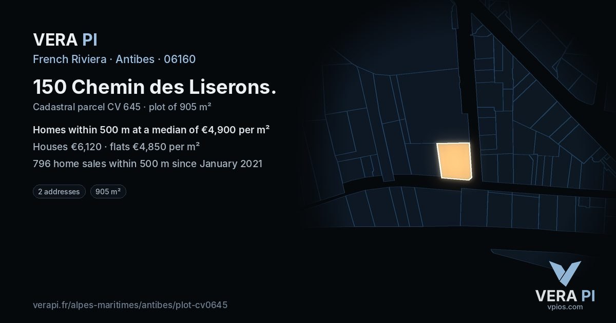 150 Chemin des Liserons, Antibes at night – the plot lit, the parcels around coloured by the prices near them