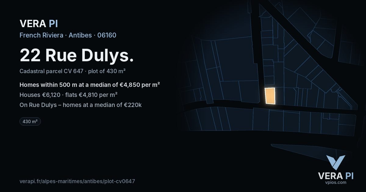 22 Rue Dulys, Antibes at night – the plot lit, the parcels around coloured by the prices near them