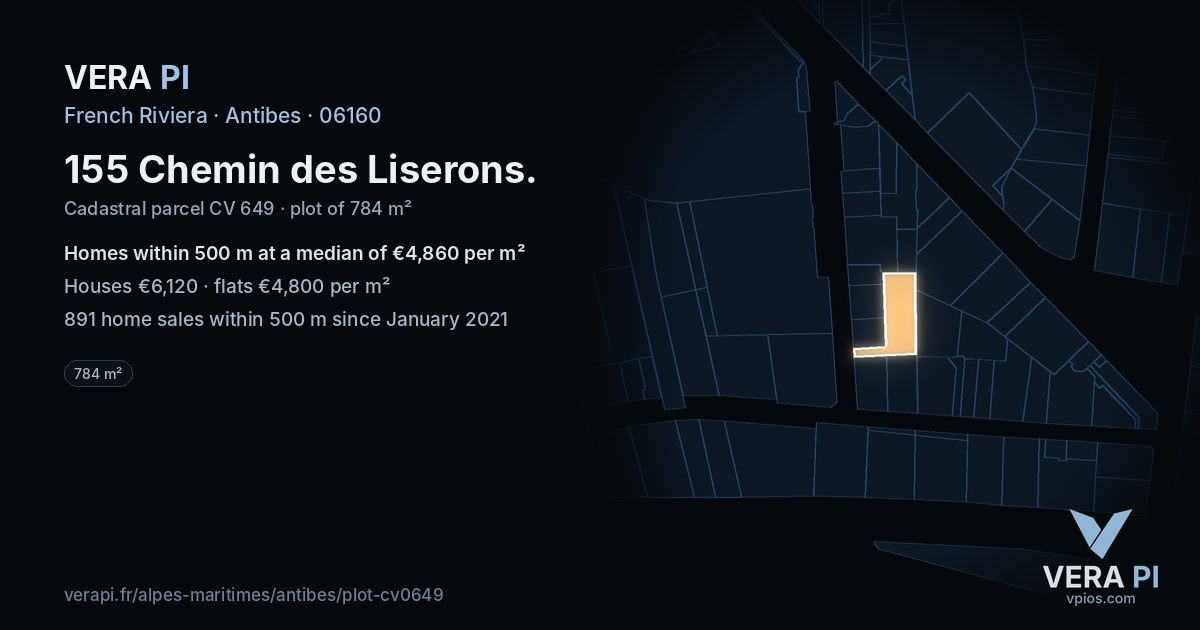155 Chemin des Liserons, Antibes at night – the plot lit, the parcels around coloured by the prices near them