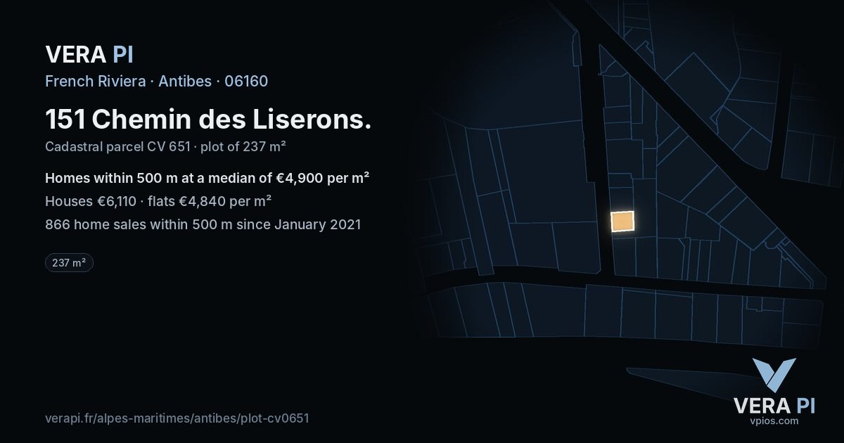 151 Chemin des Liserons, Antibes at night – the plot lit, the parcels around coloured by the prices near them