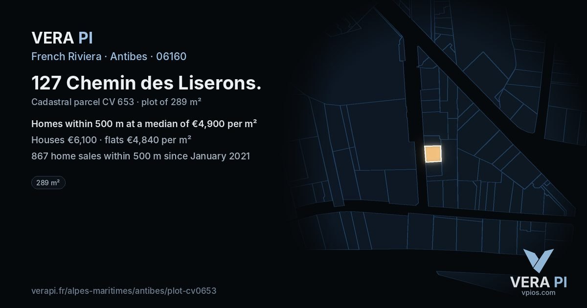127 Chemin des Liserons, Antibes at night – the plot lit, the parcels around coloured by the prices near them