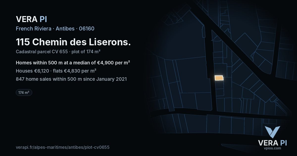 115 Chemin des Liserons, Antibes at night – the plot lit, the parcels around coloured by the prices near them