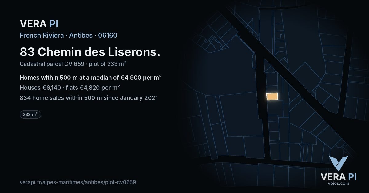 83 Chemin des Liserons, Antibes at night – the plot lit, the parcels around coloured by the prices near them