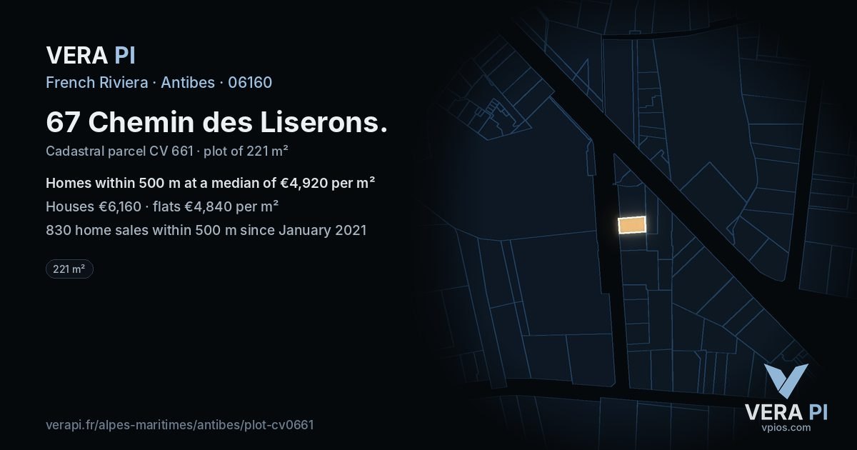 67 Chemin des Liserons, Antibes at night – the plot lit, the parcels around coloured by the prices near them