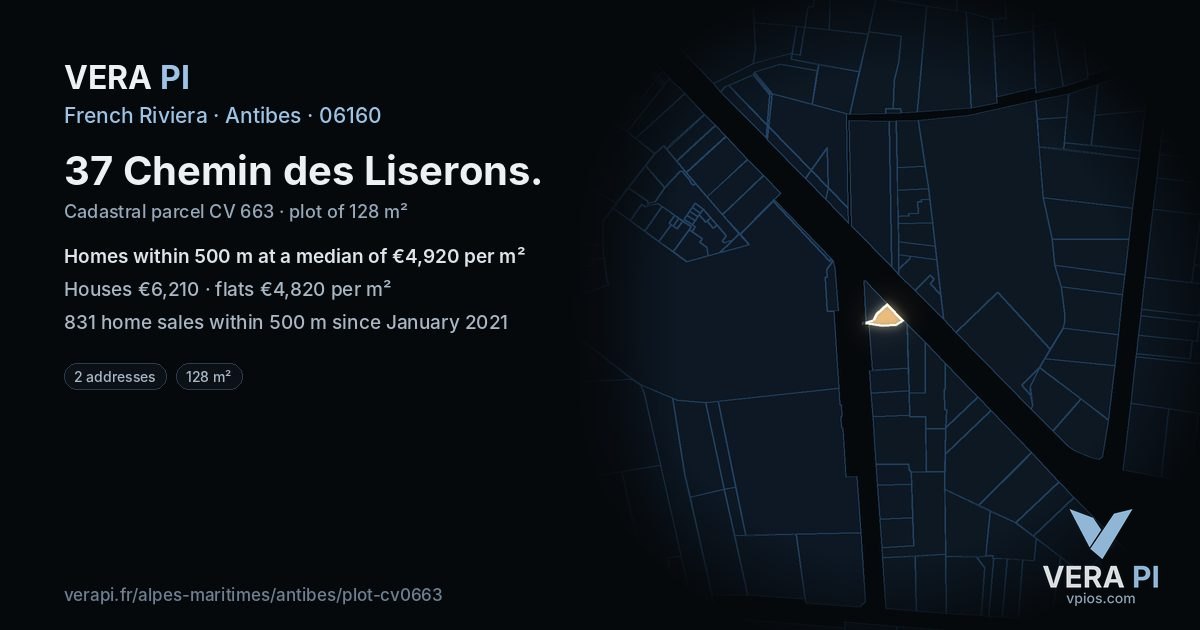 37 Chemin des Liserons, Antibes at night – the plot lit, the parcels around coloured by the prices near them