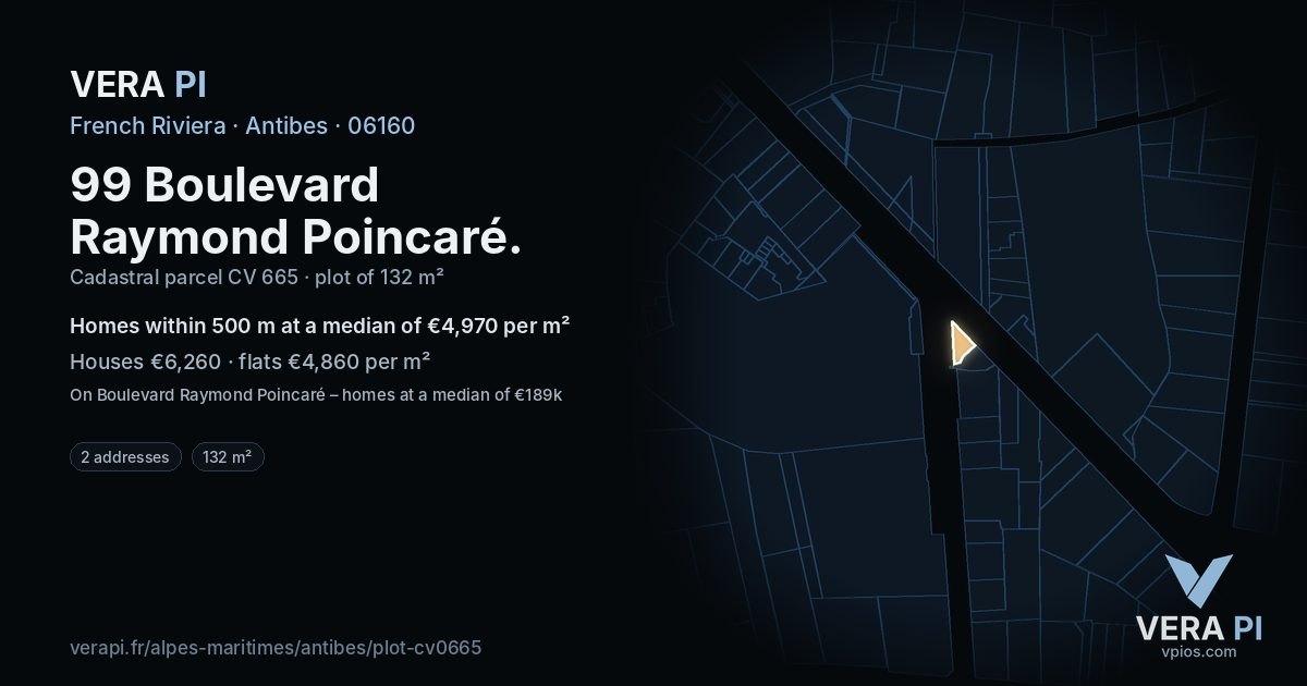 99 Boulevard Raymond Poincaré, Antibes at night – the plot lit, the parcels around coloured by the prices near them