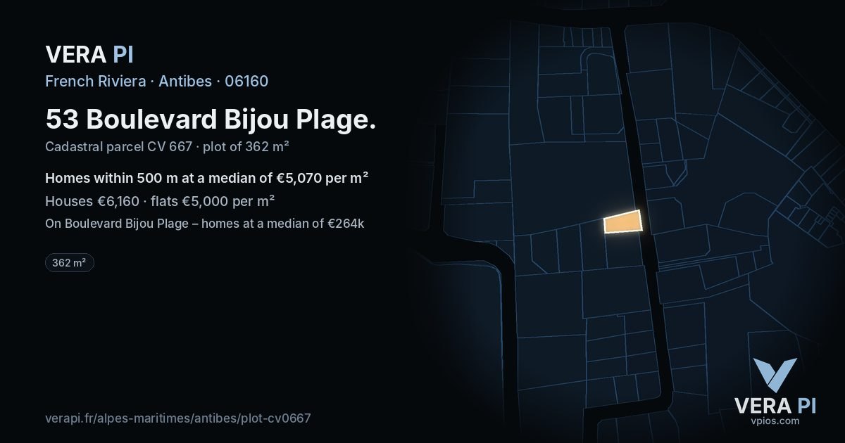 53 Boulevard Bijou Plage, Antibes at night – the plot lit, the parcels around coloured by the prices near them