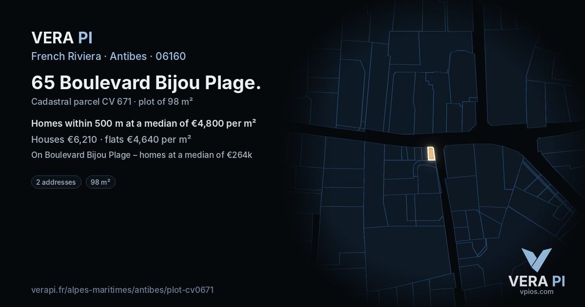 65 Boulevard Bijou Plage, Antibes at night – the plot lit, the parcels around coloured by the prices near them