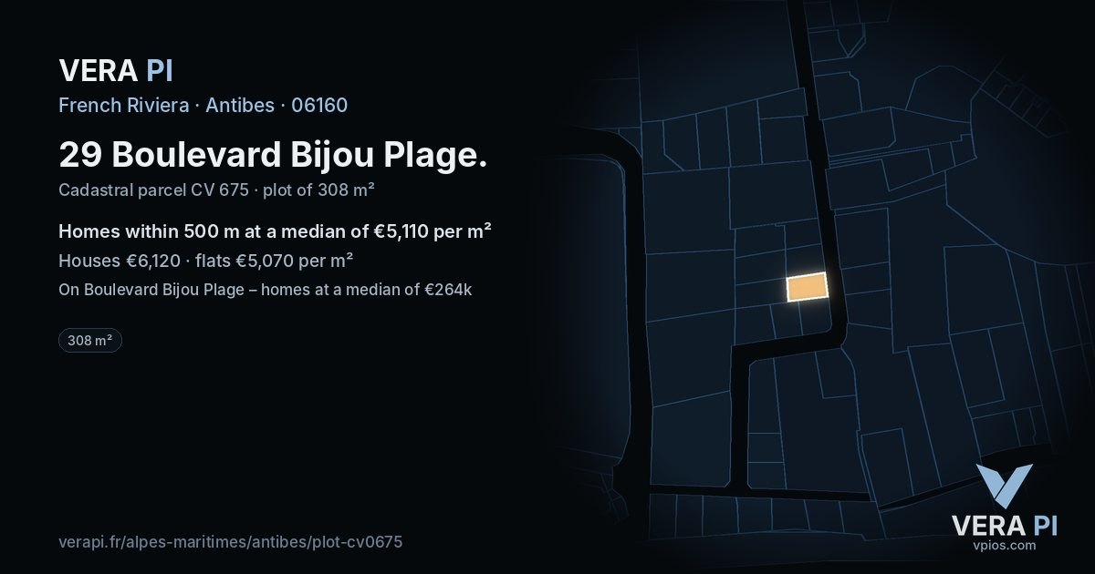 29 Boulevard Bijou Plage, Antibes at night – the plot lit, the parcels around coloured by the prices near them