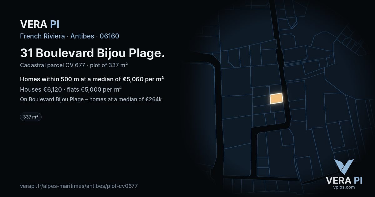 31 Boulevard Bijou Plage, Antibes at night – the plot lit, the parcels around coloured by the prices near them