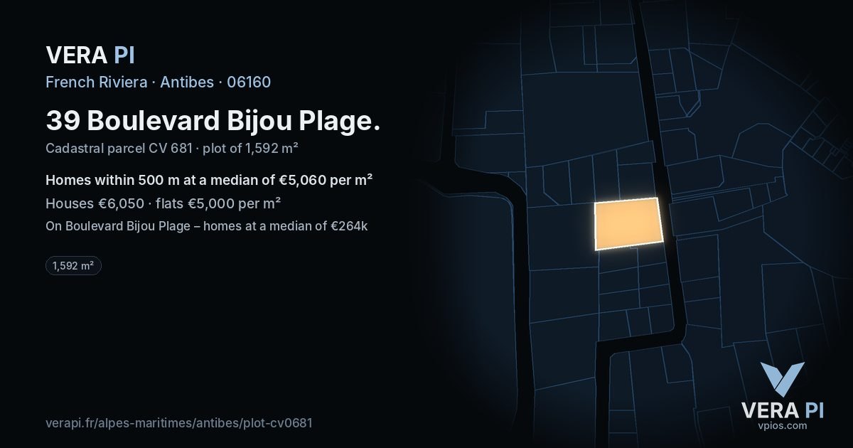 39 Boulevard Bijou Plage, Antibes at night – the plot lit, the parcels around coloured by the prices near them