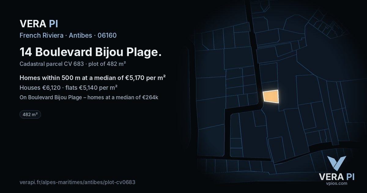 14 Boulevard Bijou Plage, Antibes at night – the plot lit, the parcels around coloured by the prices near them
