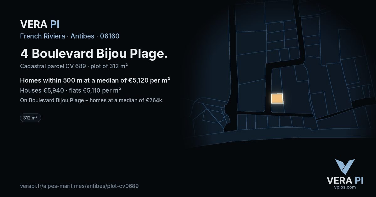 4 Boulevard Bijou Plage, Antibes at night – the plot lit, the parcels around coloured by the prices near them