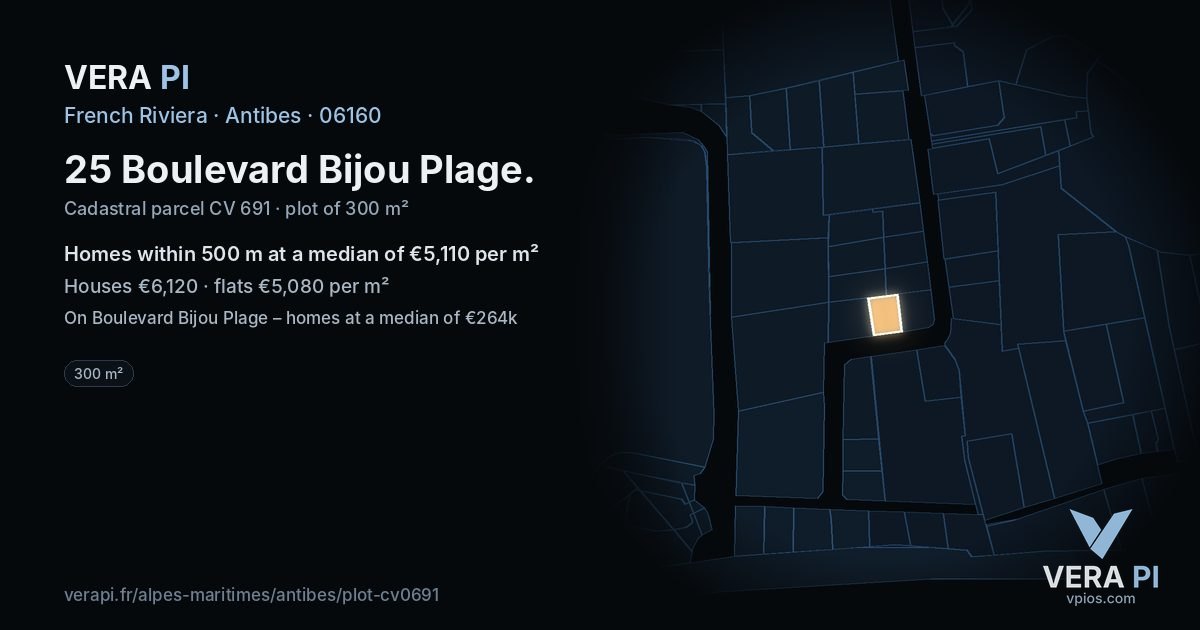 25 Boulevard Bijou Plage, Antibes at night – the plot lit, the parcels around coloured by the prices near them