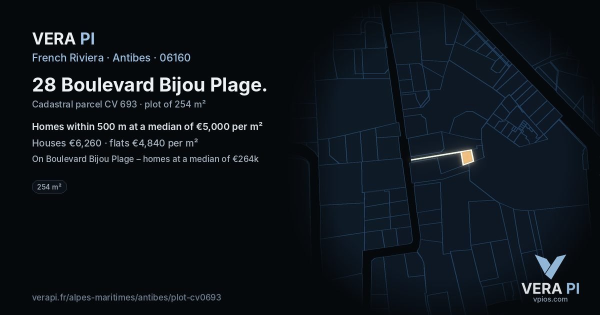 28 Boulevard Bijou Plage, Antibes at night – the plot lit, the parcels around coloured by the prices near them
