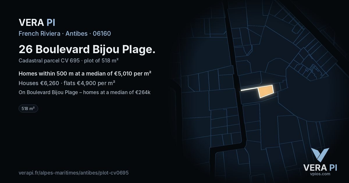 26 Boulevard Bijou Plage, Antibes at night – the plot lit, the parcels around coloured by the prices near them