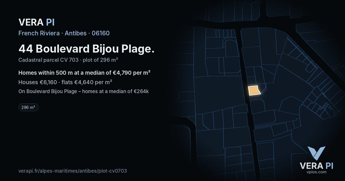 44 Boulevard Bijou Plage, Antibes at night – the plot lit, the parcels around coloured by the prices near them
