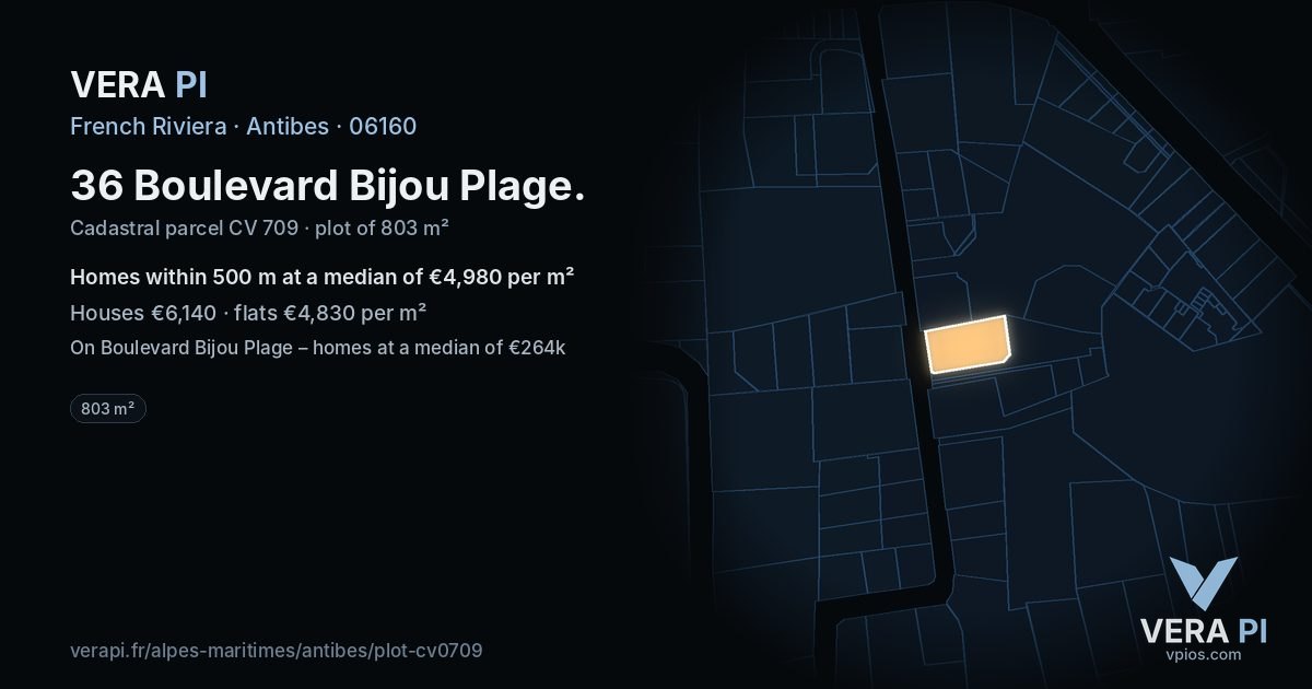 36 Boulevard Bijou Plage, Antibes at night – the plot lit, the parcels around coloured by the prices near them