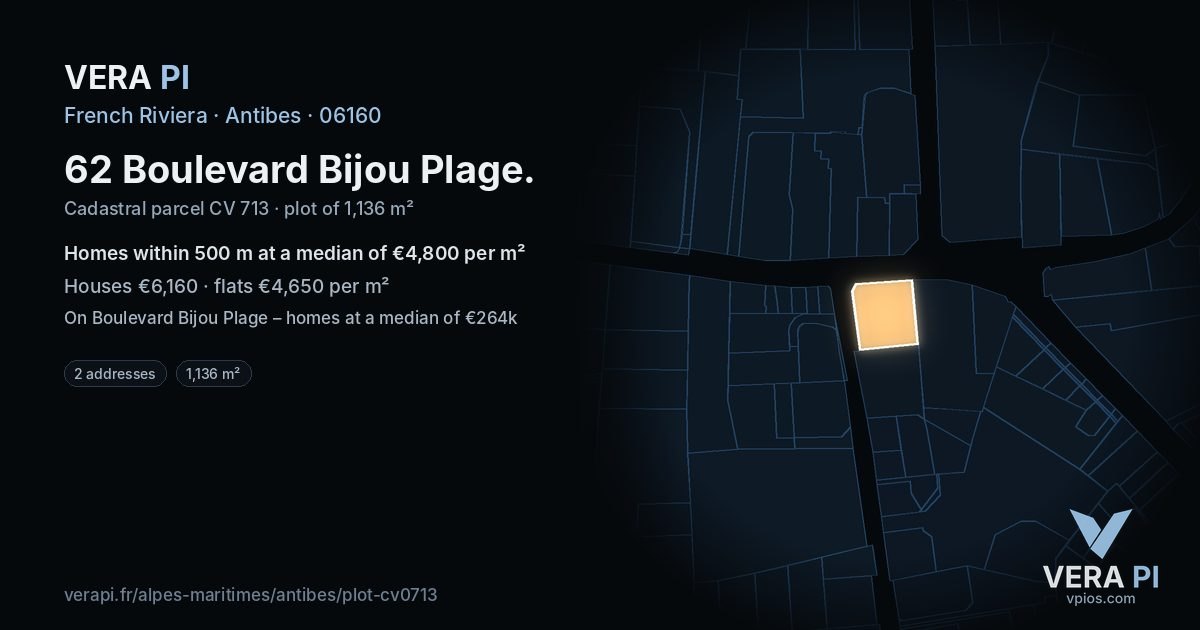 62 Boulevard Bijou Plage, Antibes at night – the plot lit, the parcels around coloured by the prices near them