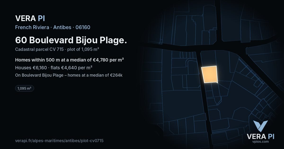 60 Boulevard Bijou Plage, Antibes at night – the plot lit, the parcels around coloured by the prices near them