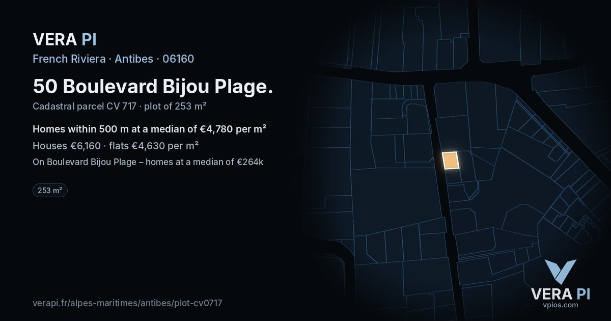 50 Boulevard Bijou Plage, Antibes at night – the plot lit, the parcels around coloured by the prices near them