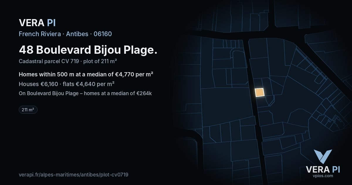 48 Boulevard Bijou Plage, Antibes at night – the plot lit, the parcels around coloured by the prices near them