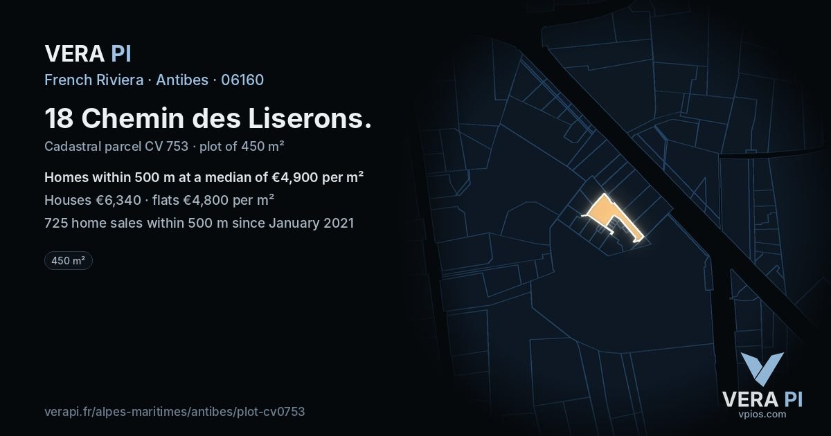18 Chemin des Liserons, Antibes at night – the plot lit, the parcels around coloured by the prices near them
