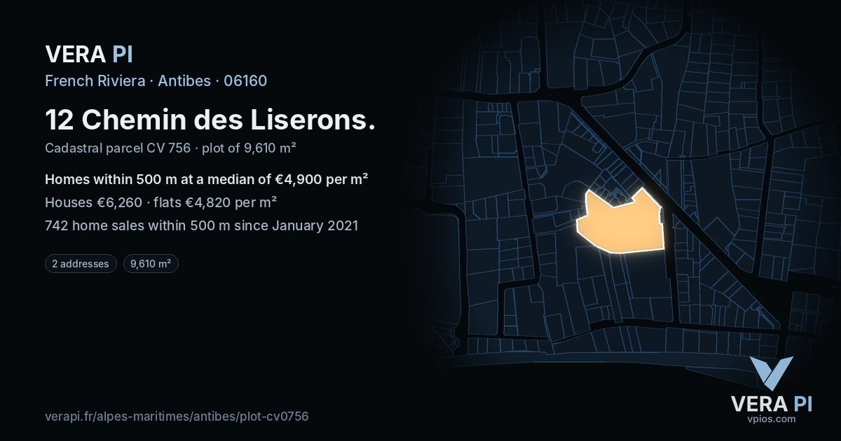 12 Chemin des Liserons, Antibes at night – the plot lit, the parcels around coloured by the prices near them