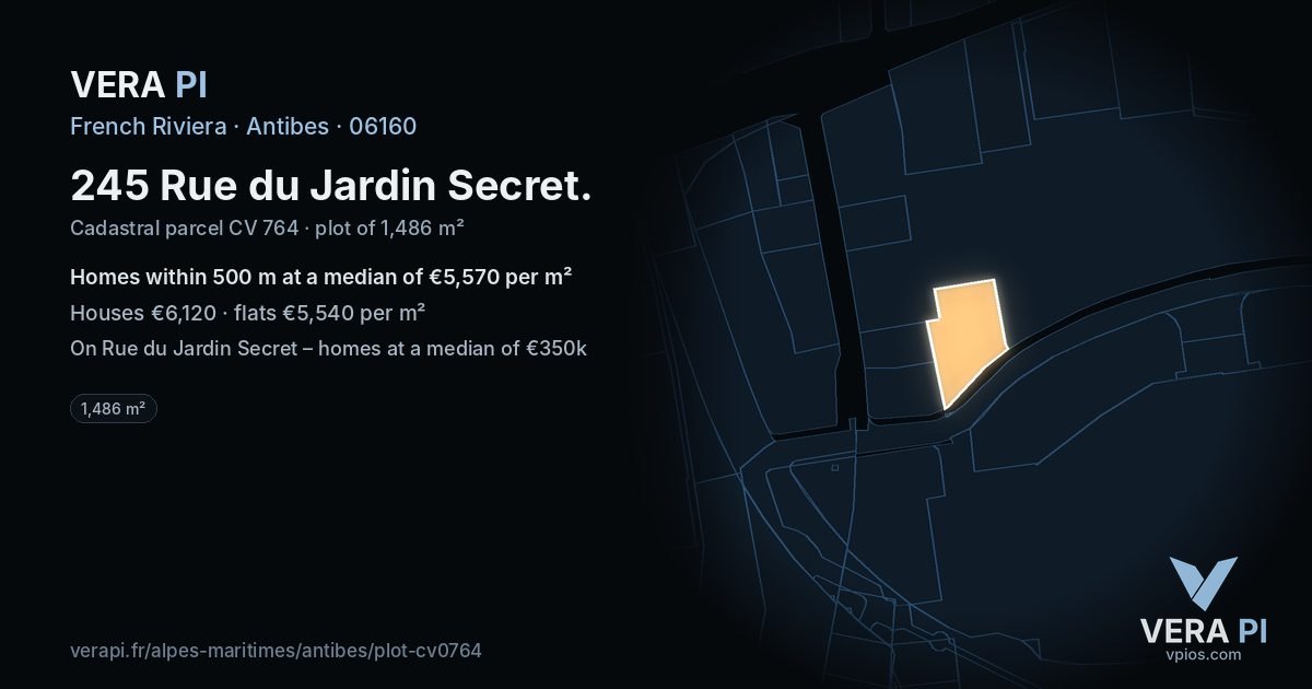 245 Rue du Jardin Secret, Antibes at night – the plot lit, the parcels around coloured by the prices near them
