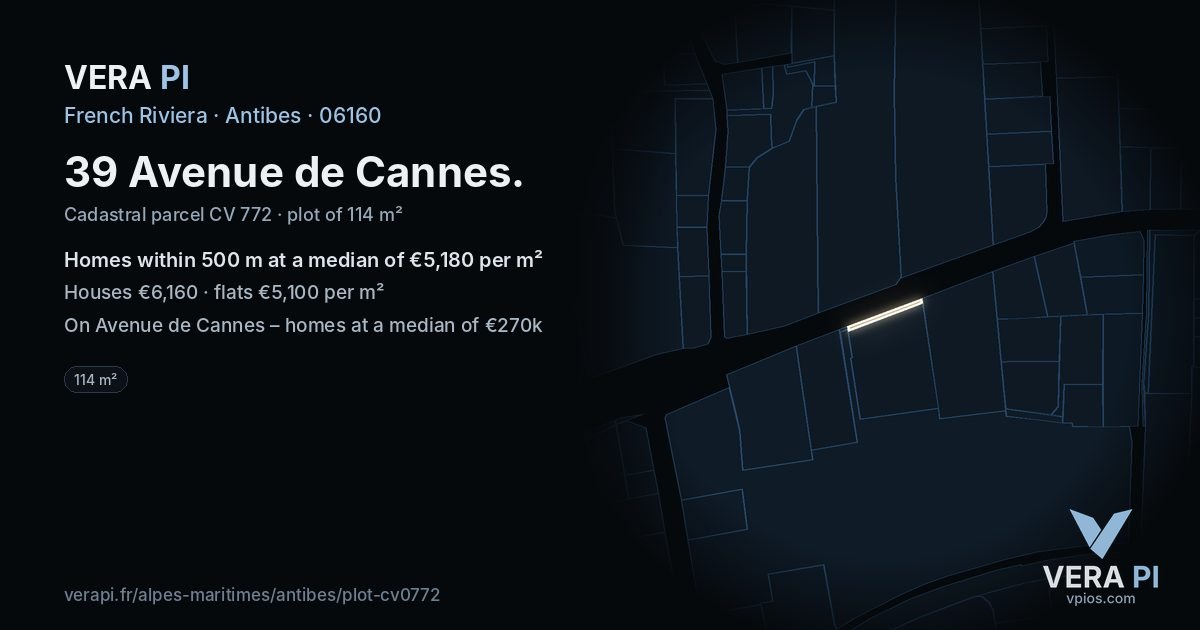 39 Avenue de Cannes, Antibes at night – the plot lit, the parcels around coloured by the prices near them