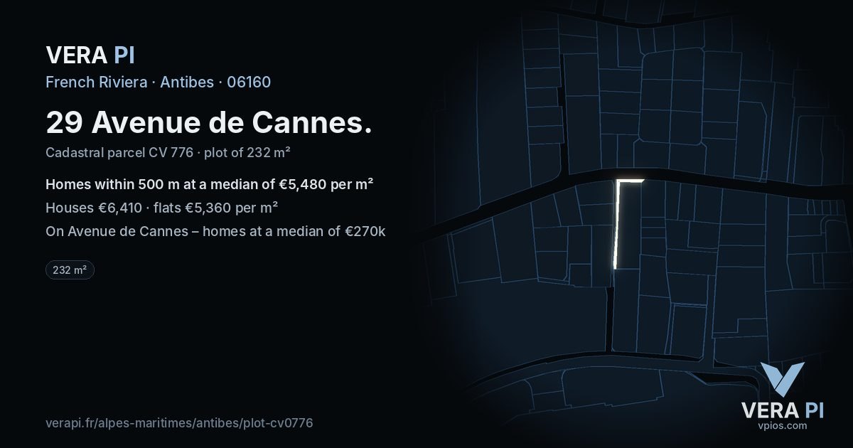 29 Avenue de Cannes, Antibes at night – the plot lit, the parcels around coloured by the prices near them