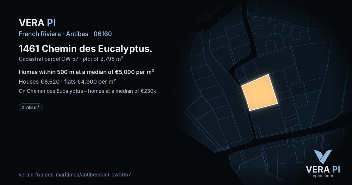 1461 Chemin des Eucalyptus, Antibes at night – the plot lit, the parcels around coloured by the prices near them