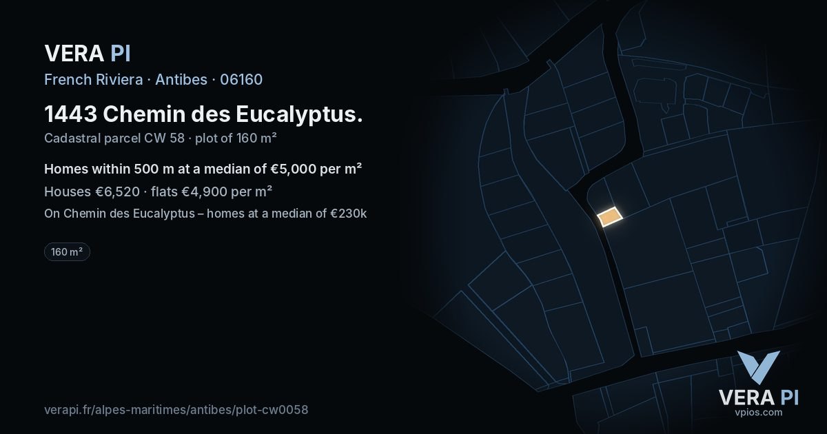1443 Chemin des Eucalyptus, Antibes at night – the plot lit, the parcels around coloured by the prices near them