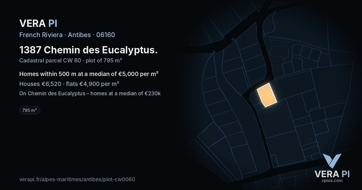 1387 Chemin des Eucalyptus, Antibes at night – the plot lit, the parcels around coloured by the prices near them