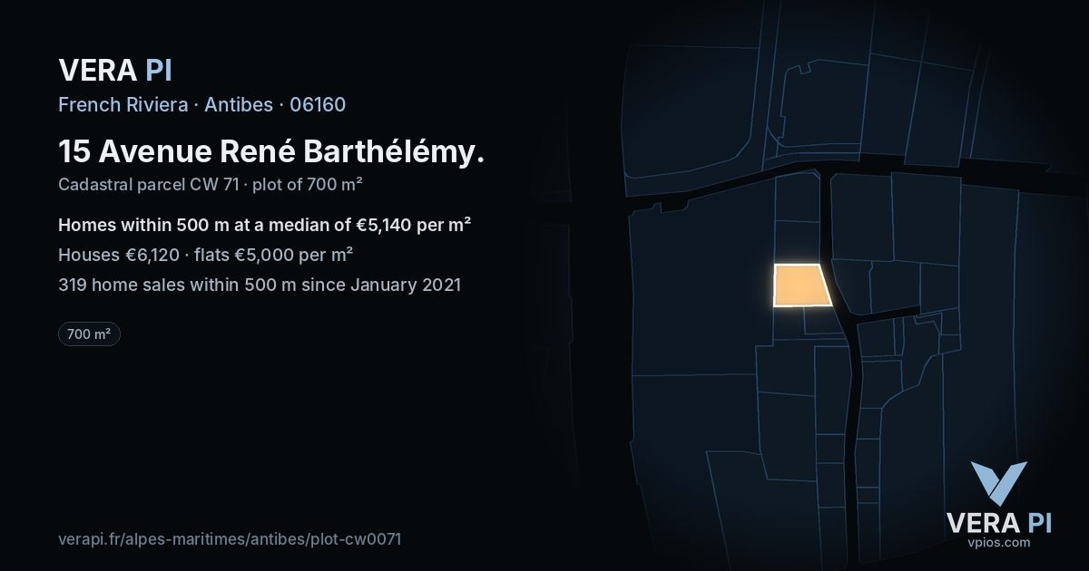 15 Avenue René Barthélémy, Antibes at night – the plot lit, the parcels around coloured by the prices near them