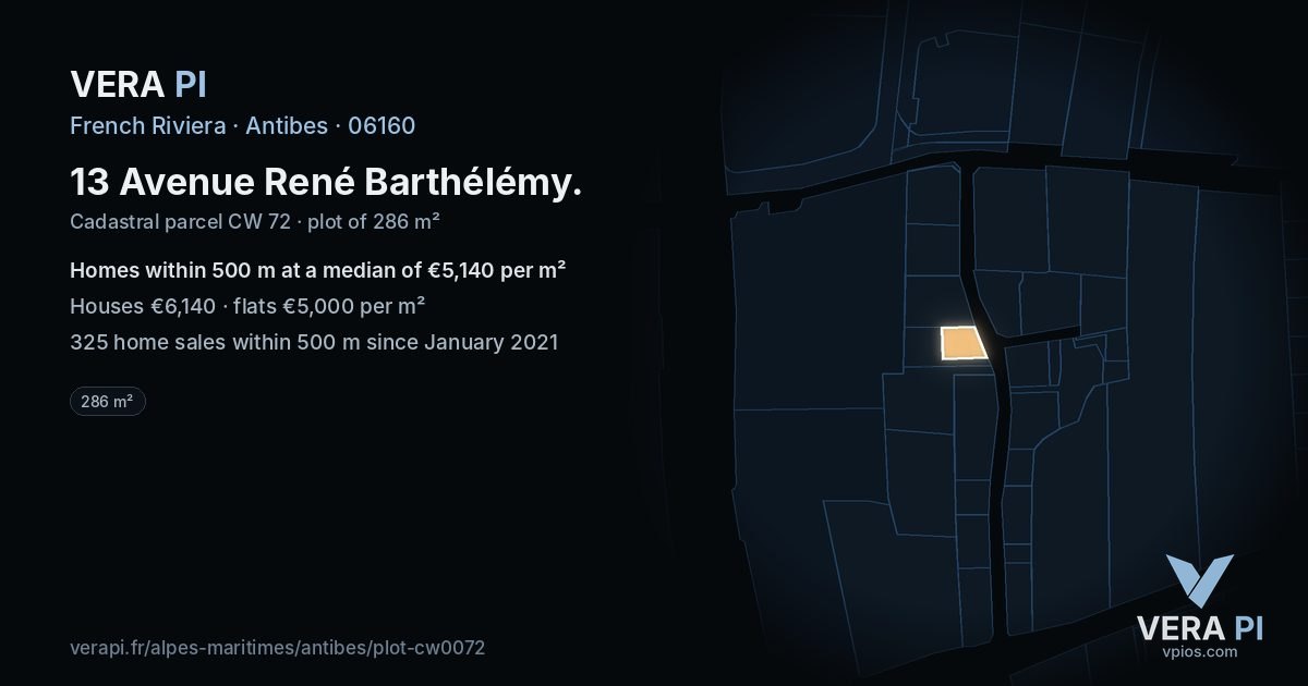 13 Avenue René Barthélémy, Antibes at night – the plot lit, the parcels around coloured by the prices near them