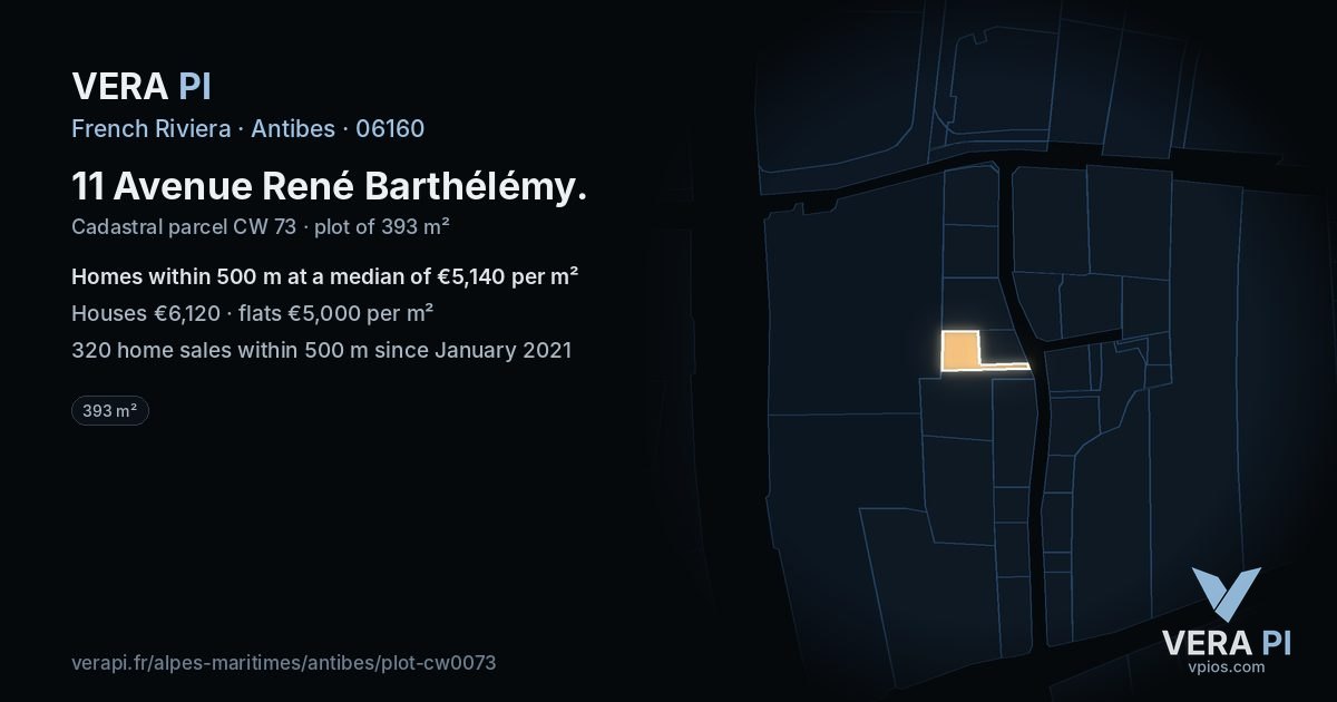 11 Avenue René Barthélémy, Antibes at night – the plot lit, the parcels around coloured by the prices near them