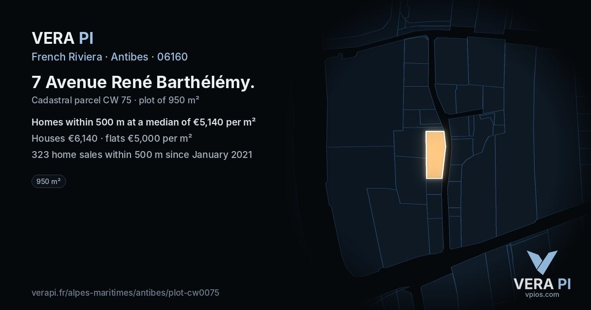 7 Avenue René Barthélémy, Antibes at night – the plot lit, the parcels around coloured by the prices near them
