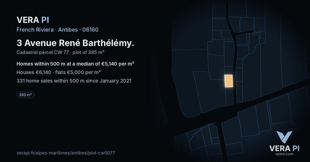 3 Avenue René Barthélémy, Antibes at night – the plot lit, the parcels around coloured by the prices near them