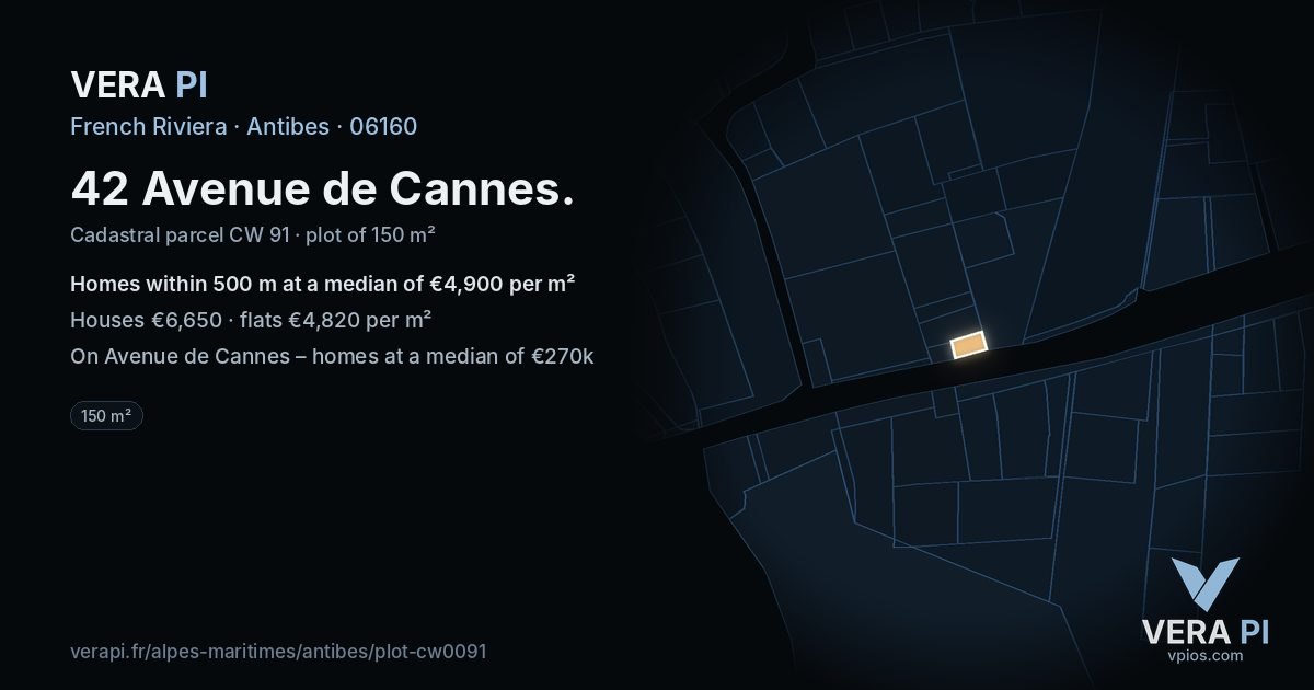 42 Avenue de Cannes, Antibes at night – the plot lit, the parcels around coloured by the prices near them