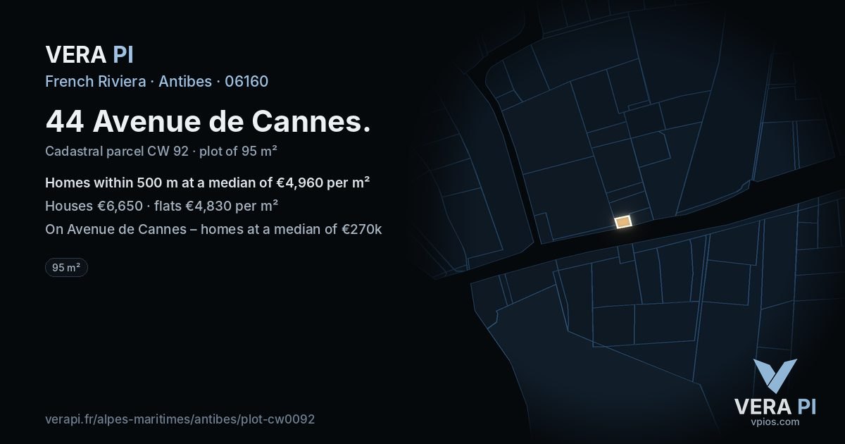 44 Avenue de Cannes, Antibes at night – the plot lit, the parcels around coloured by the prices near them