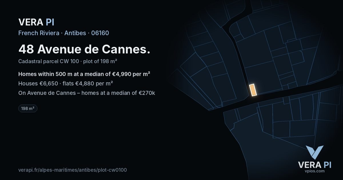 48 Avenue de Cannes, Antibes at night – the plot lit, the parcels around coloured by the prices near them