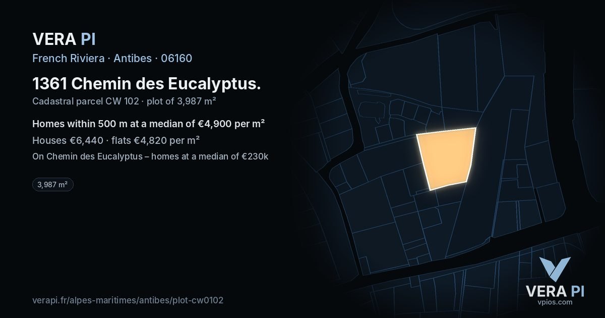 1361 Chemin des Eucalyptus, Antibes at night – the plot lit, the parcels around coloured by the prices near them