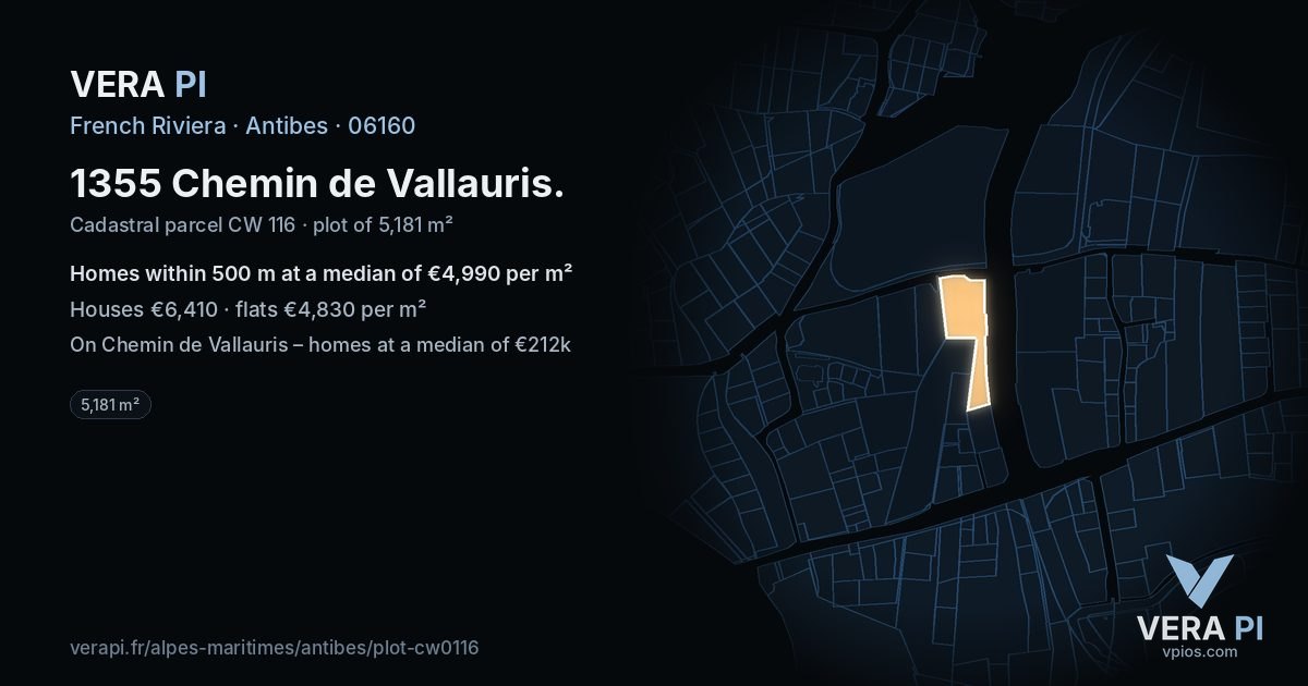 1355 Chemin de Vallauris, Antibes at night – the plot lit, the parcels around coloured by the prices near them