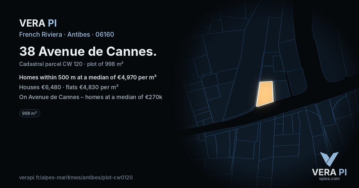 38 Avenue de Cannes, Antibes at night – the plot lit, the parcels around coloured by the prices near them