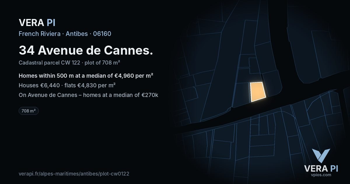 34 Avenue de Cannes, Antibes at night – the plot lit, the parcels around coloured by the prices near them