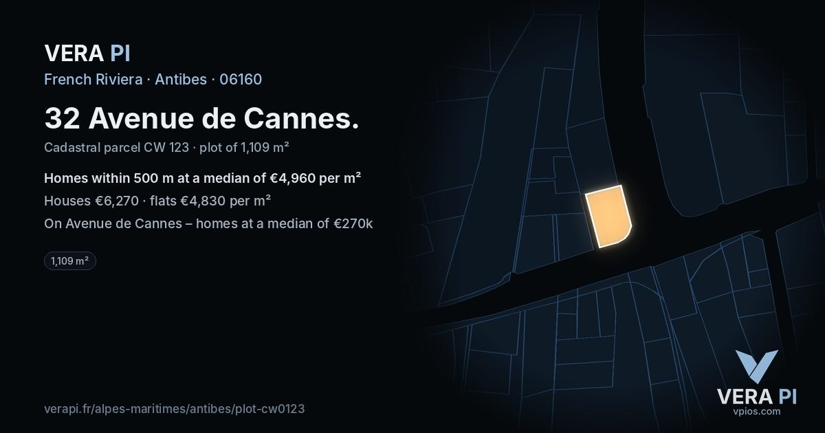 32 Avenue de Cannes, Antibes at night – the plot lit, the parcels around coloured by the prices near them
