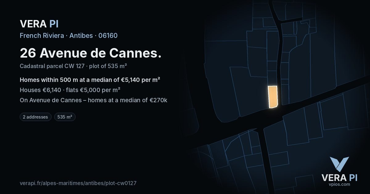 26 Avenue de Cannes, Antibes at night – the plot lit, the parcels around coloured by the prices near them