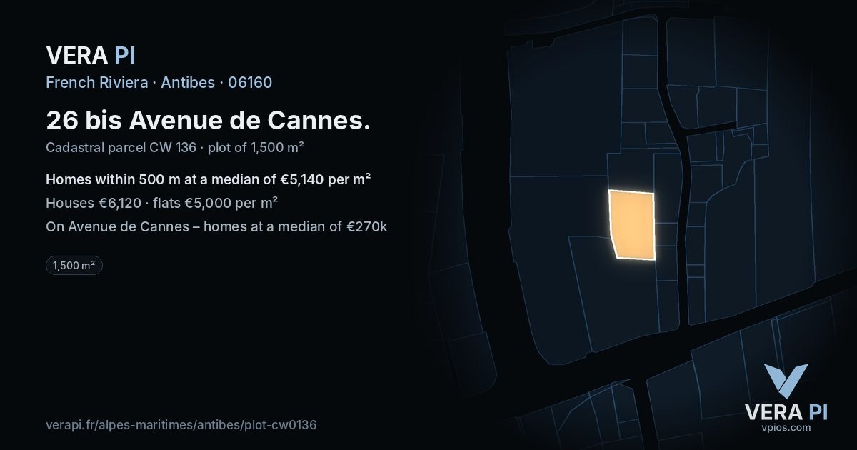 26 bis Avenue de Cannes, Antibes at night – the plot lit, the parcels around coloured by the prices near them
