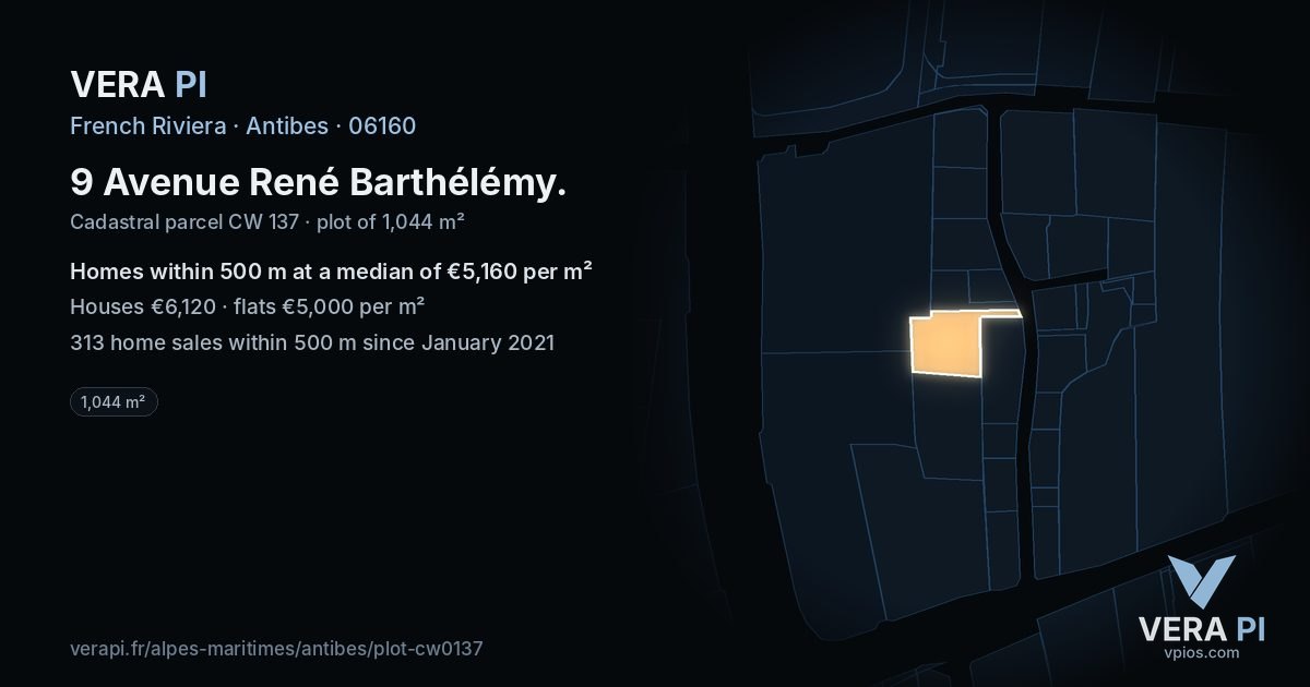 9 Avenue René Barthélémy, Antibes at night – the plot lit, the parcels around coloured by the prices near them
